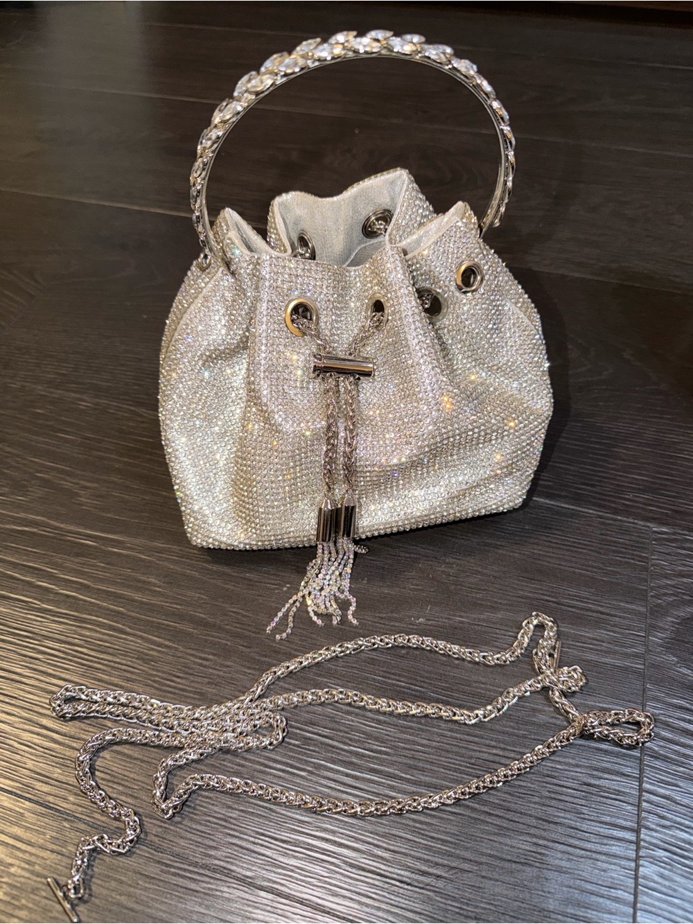 Sparkling Silver Crystal Drawstring Bucket Bag